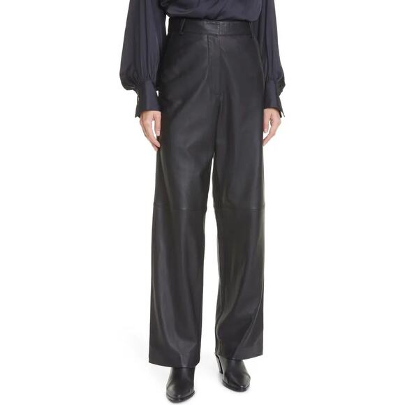 Frame Pleated Black Leather High Rise Straight Leg Pants Size 0 NWT